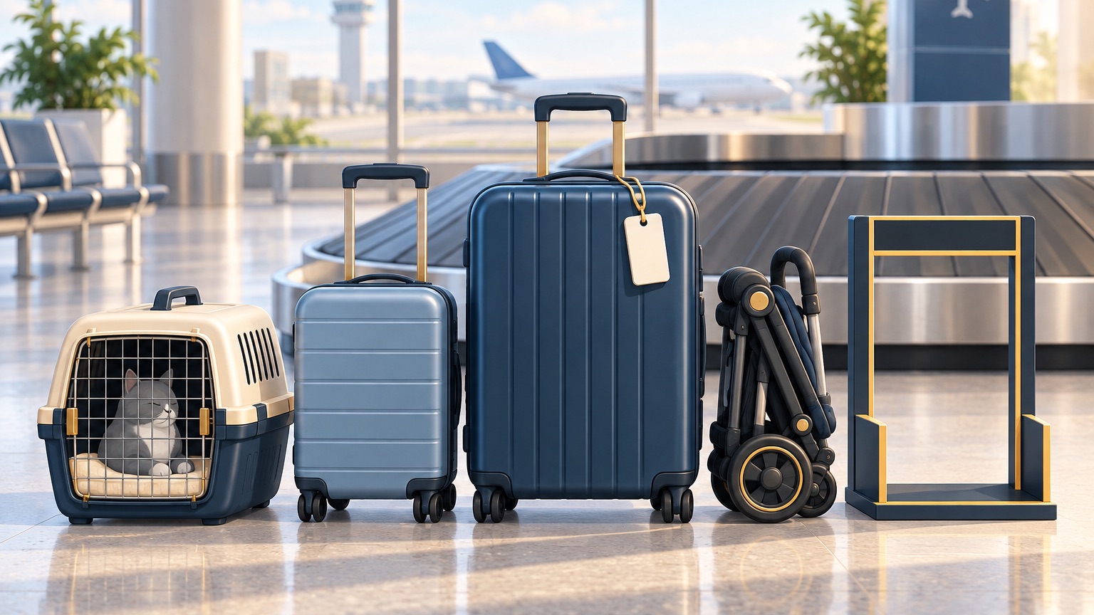 Carry-on, checked baggage, pet carrier and stroller prepared for airport travel