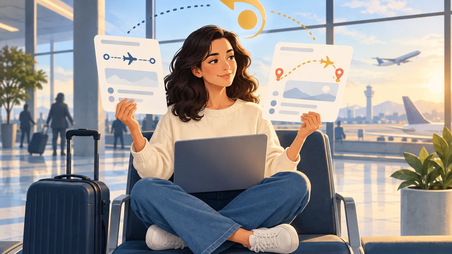 Traveler comparing an original flight plan with changed or cancellation options