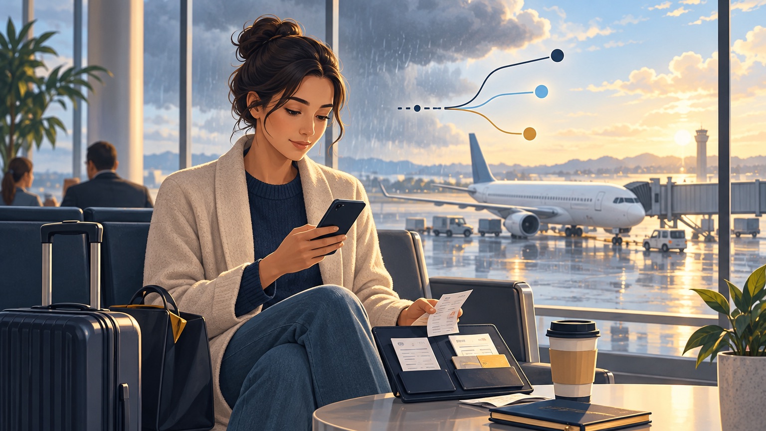Traveler organizing trip records and next steps after a flight disruption